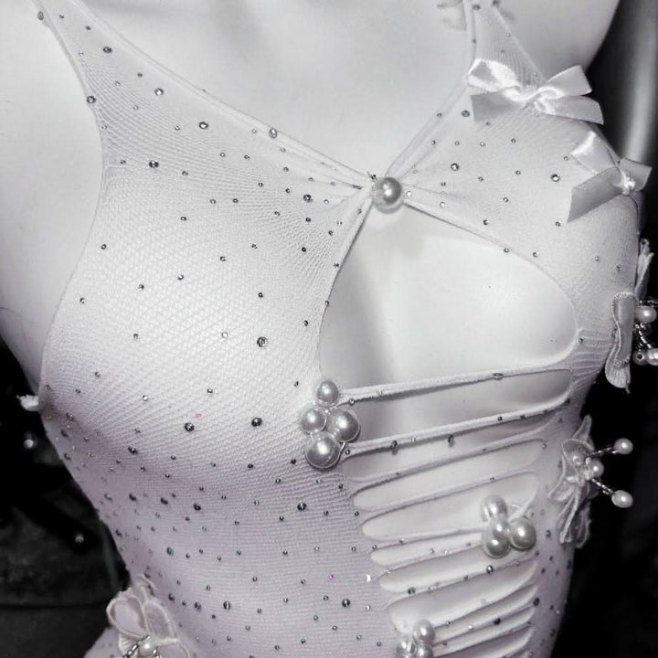 V neck beaded bowknot hollow out metal chain cami cut out mini dress  | Festival Outfits Women