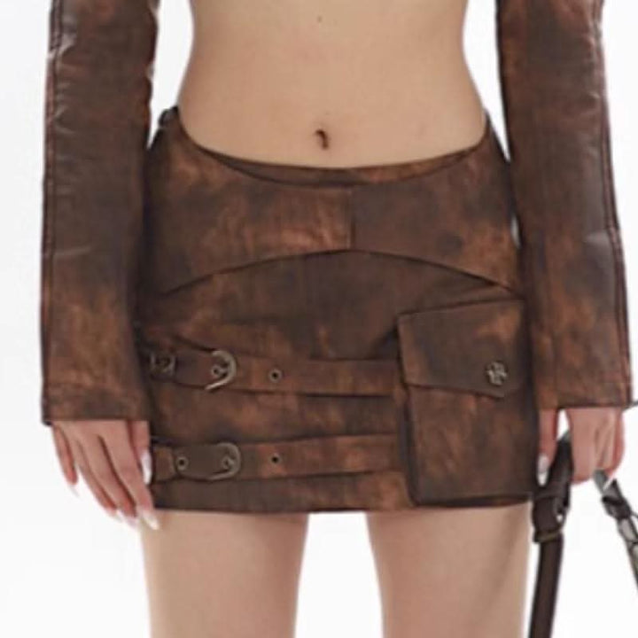 Long sleeve PU leather buckle pocket mini skirt set Cargo Mini Skirt  | Festival Outfits Women