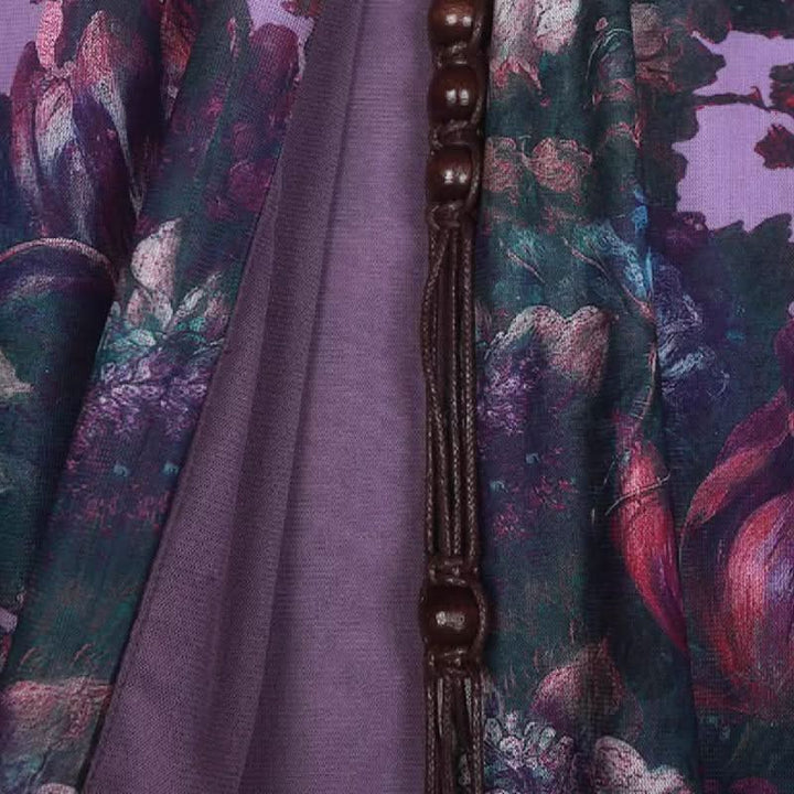 Long sleeve high neck ruffle beaded flower print top  | Festival Outfits Women