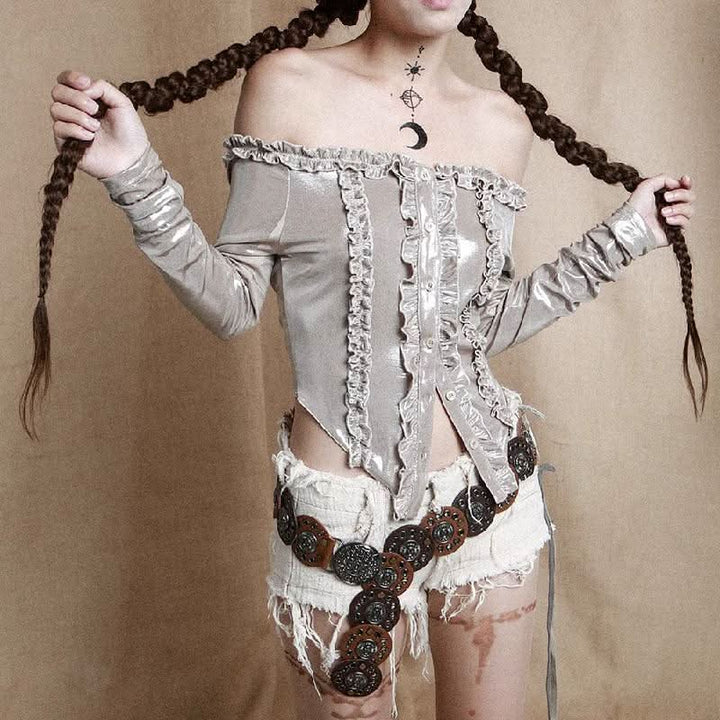 Long sleeve off shoulder ruffle button ruched top  | Festival Outfits Women