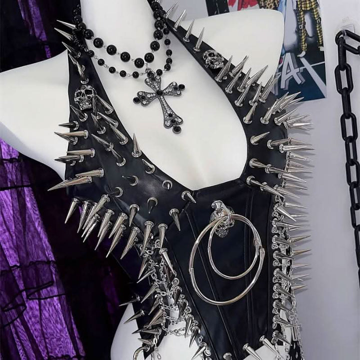 Halter PU leather o ring rivet applique metal chain top  | Festival Outfits Women