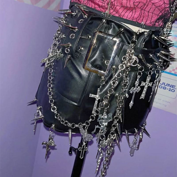 Metal chain PU leather rivet applique zip-up mini skirt Cargo Mini Skirt  | Festival Outfits Women
