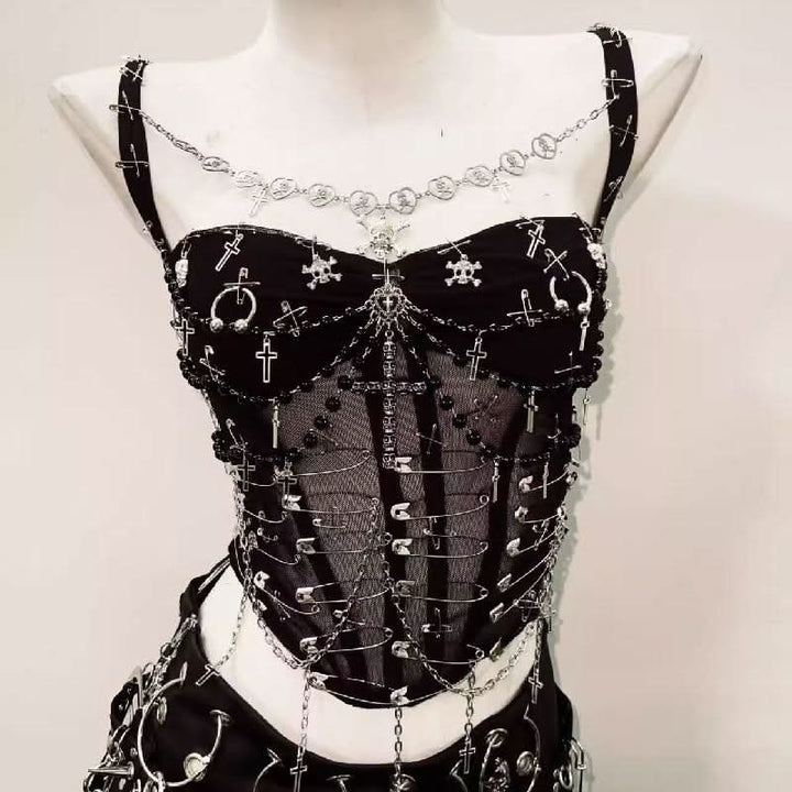 Metal chain cross applique beaded v neck cami top  | Festival Outfits Women
