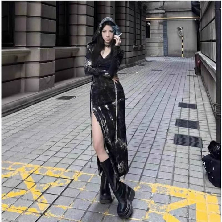 Long sleeve slit tie dye v neck maxi dress  | Festival Outfits Women