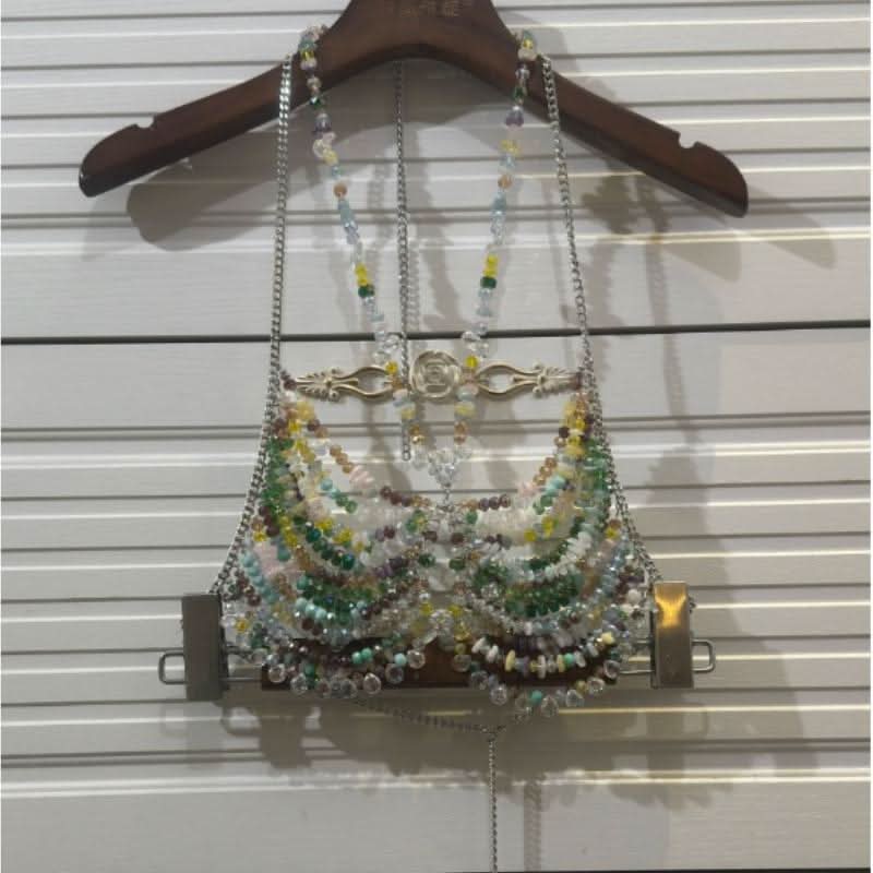 Halter metal chain hollow out beaded cut out top  | Festival Outfits Women