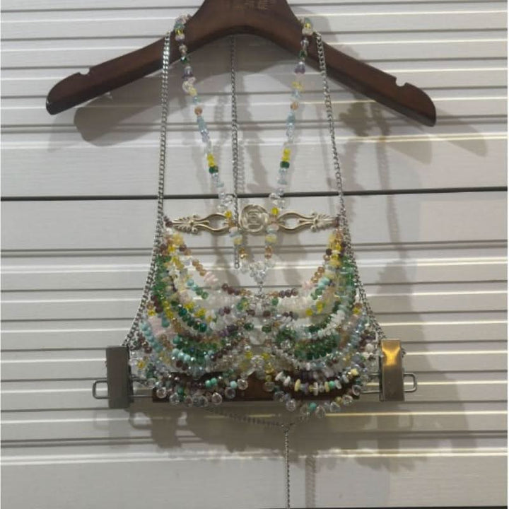 Halter metal chain hollow out beaded cut out top  | Festival Outfits Women
