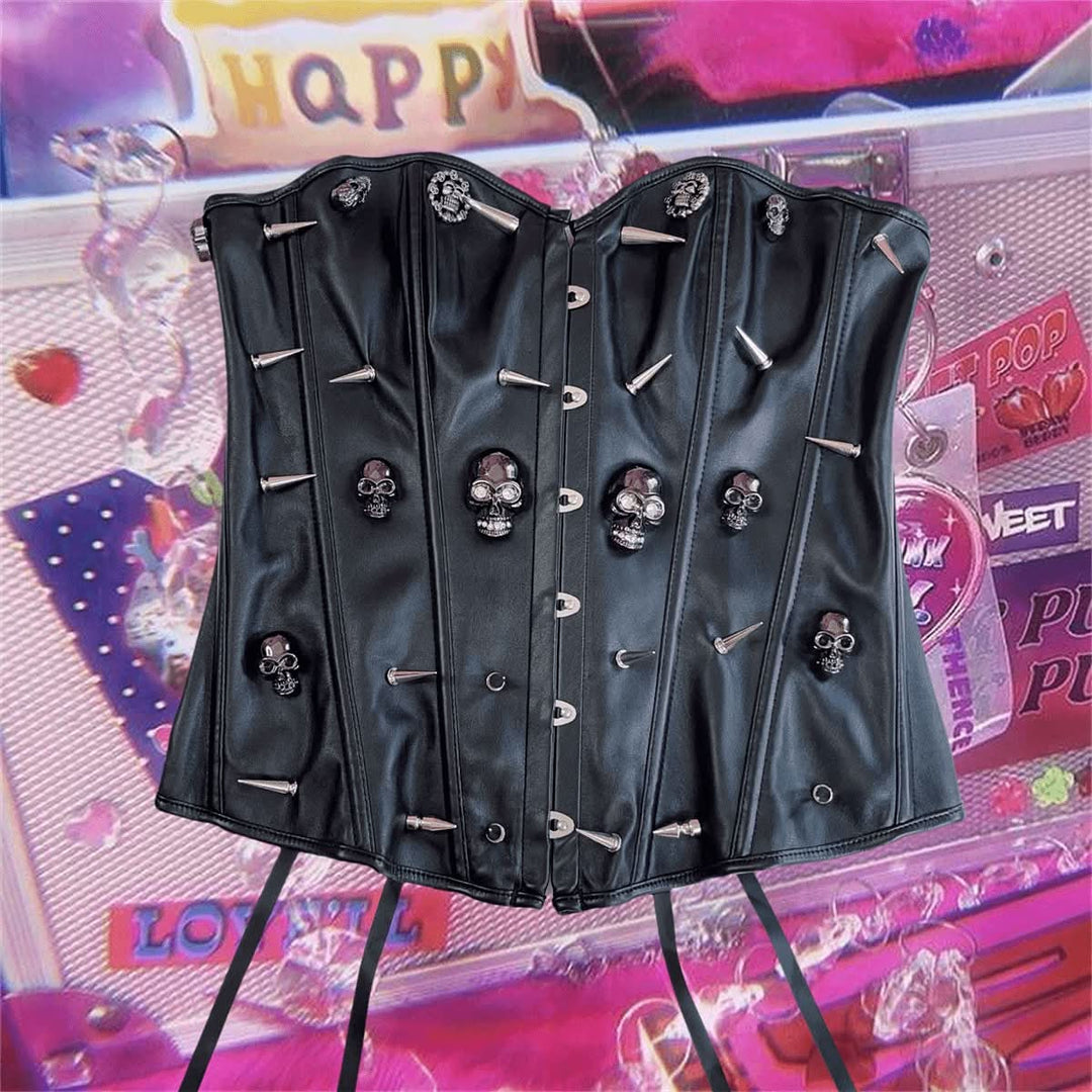 Sweetheart neck PU leather rivet skull top  | Festival Outfits Women