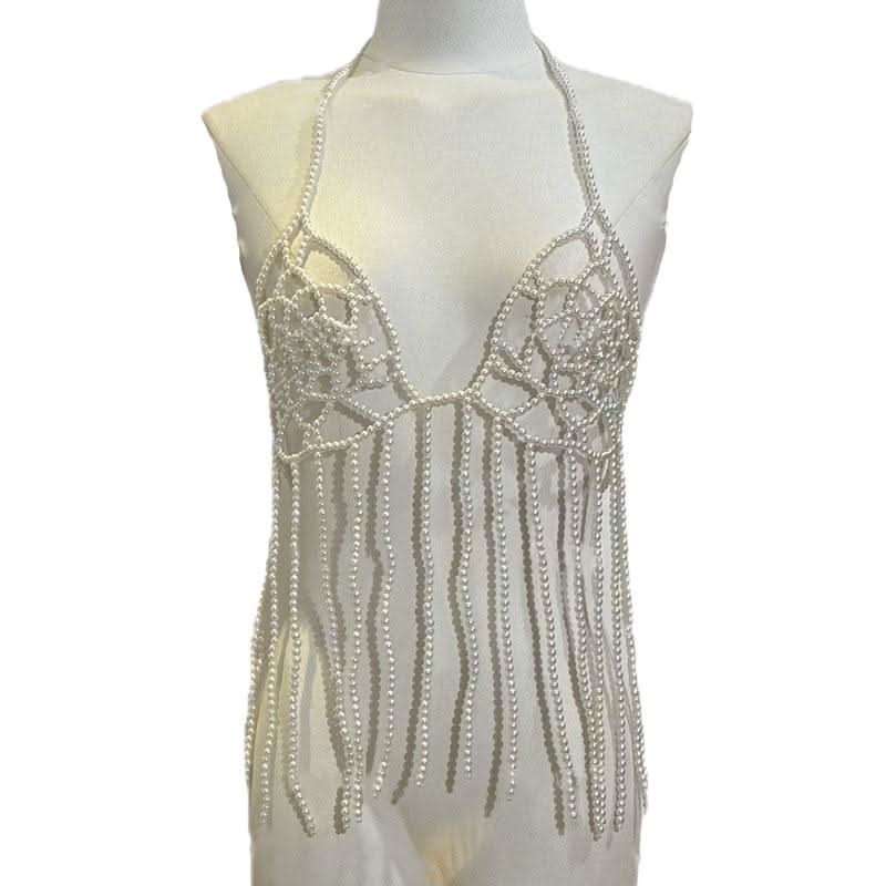 Halter tassels flower pattern beaded hollow out cut out top  | Festival Outfits Women