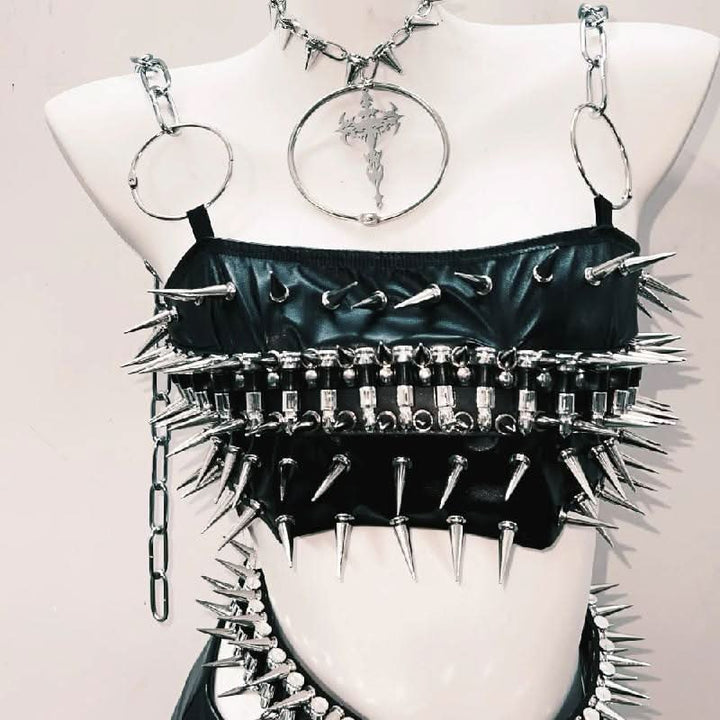 O ring rivet applique PU leather metal chain mini skirt set Cargo Mini Skirt  | Festival Outfits Women