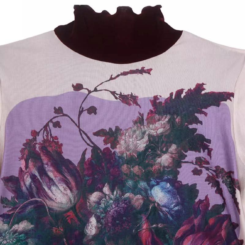 Long sleeve high neck ruffle beaded flower print top  | Festival Outfits Women