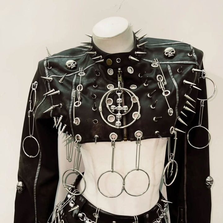 Long sleeve PU leather o ring rivet mini skirt set Cargo Mini Skirt  | Festival Outfits Women