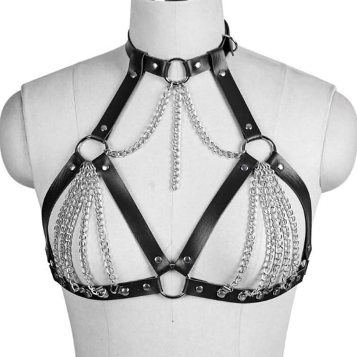 O ring halter PU leather metal chain harness top  | Festival Outfits Women