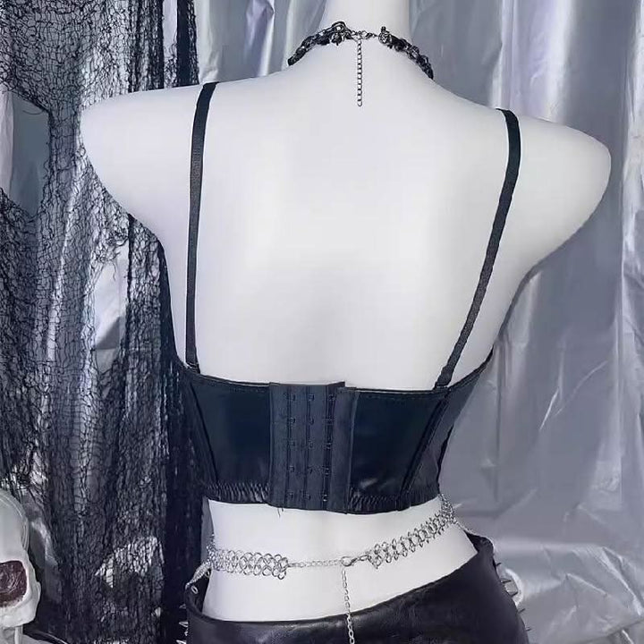 PU leather heart applique v neck backless cami top  | Festival Outfits Women