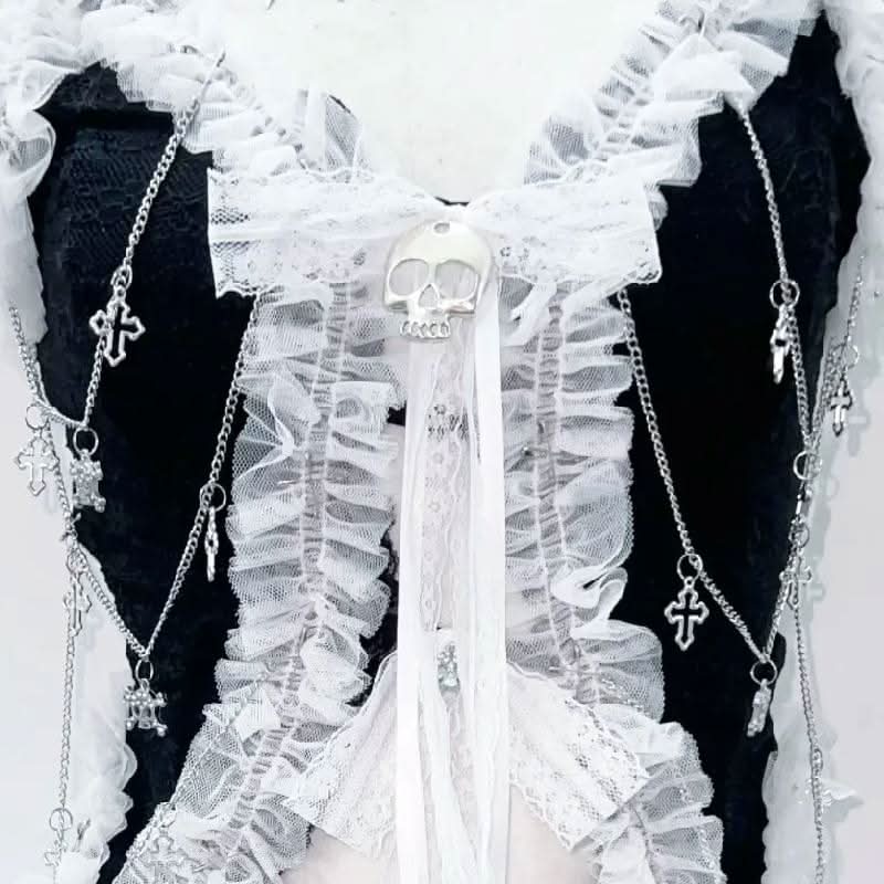 Lace hem self tie bowknot skull applique top  | Festival Outfits Women