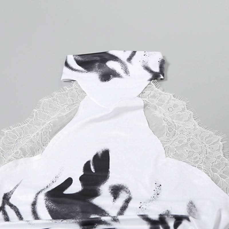 Halter button lace hem print backless top  | Festival Outfits Women-final-sale
