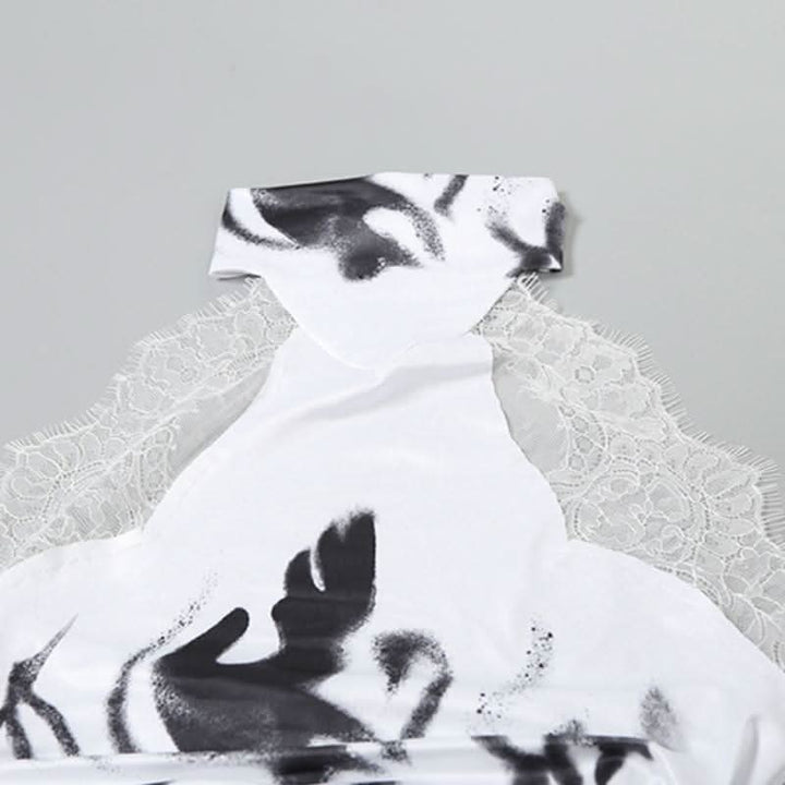 Halter button lace hem print backless top  | Festival Outfits Women-final-sale