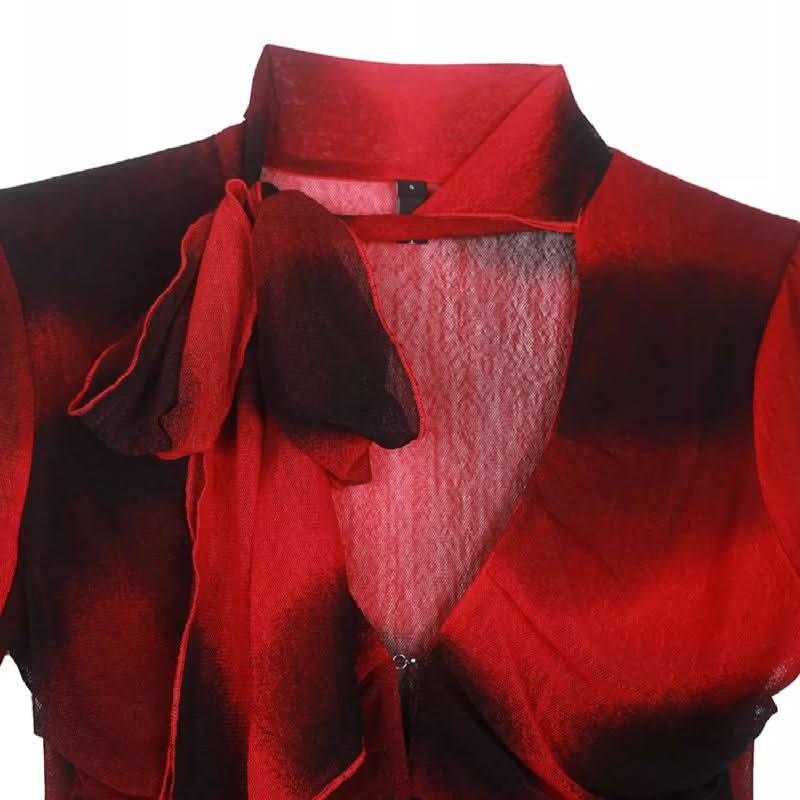 Long flared sleeve ruffle deep V neck mesh print top  | Festival Outfits Women