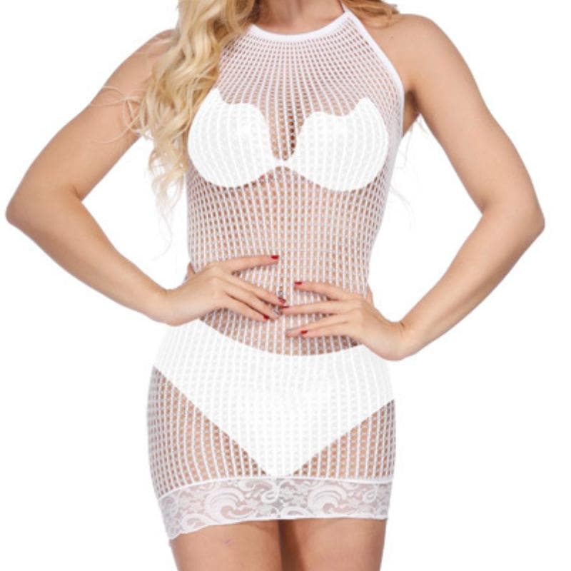 Halter lace hem solid net mini dress  | Festival Outfits Women