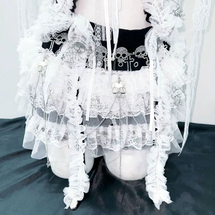 Lace hem self tie bowknot skull applique top  | Festival Outfits Women