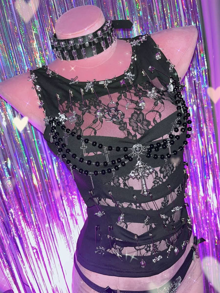 Sleeveless round neck beaded cross lace top-final-sale