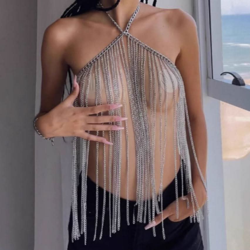 Halter tassels metal chain top  | Festival Outfits Women