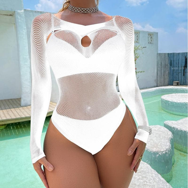 Long sleeve hollow out cross front net bodysuit  | Festival Outfits Women