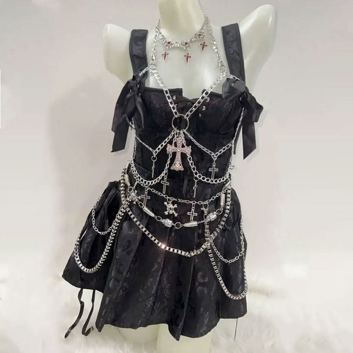 Metal chain cross applique halter o ring top  | Festival Outfits Women