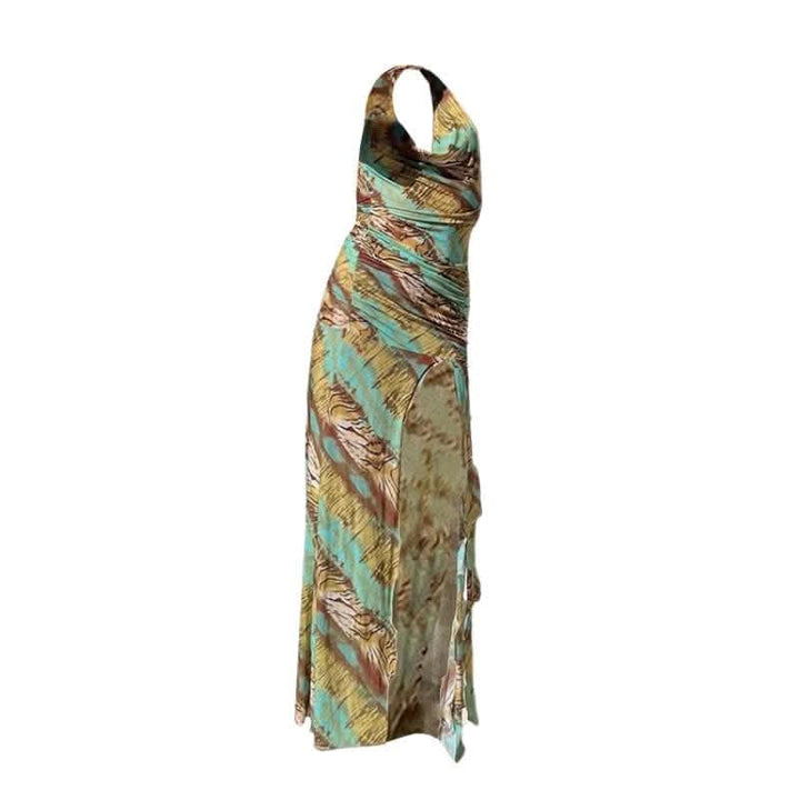 Halter cowl neck print high slit ruched maxi dress-final-sale  | Festival Outfits Women