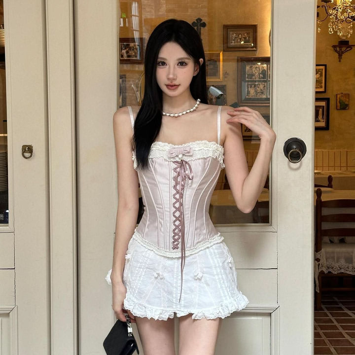 Lace hem bowknot bustier lace up cami top  | Festival Outfits Women