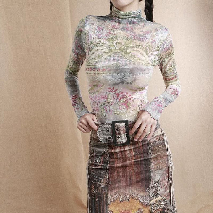 High neck long sleeve print ruffle contrast top  | Festival Outfits Women