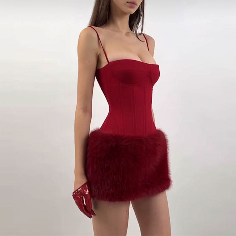Square neck fluffy patchwork cami mini dress  | Festival Outfits Women