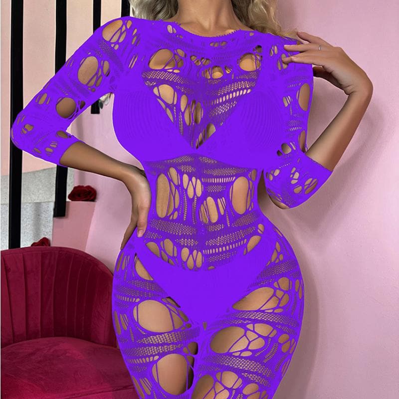 Long sleeve net hollow out padded bodystocking  | Festival Outfits Women