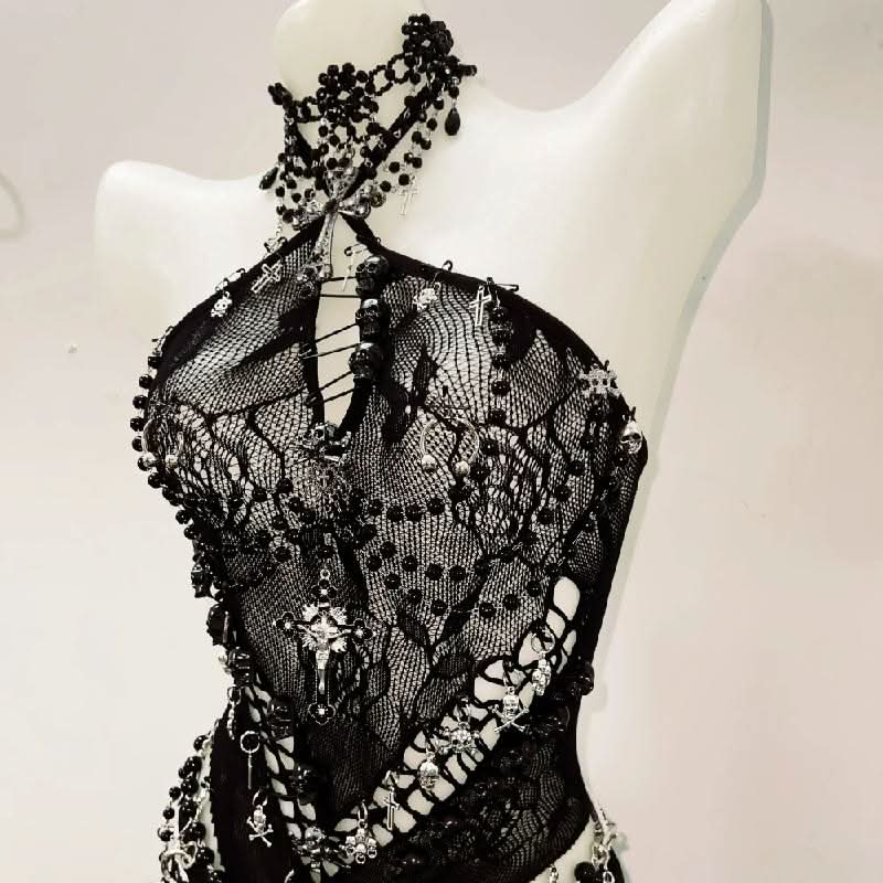 Halter hollow out beaded zip-up cut out top  | Festival Outfits Women