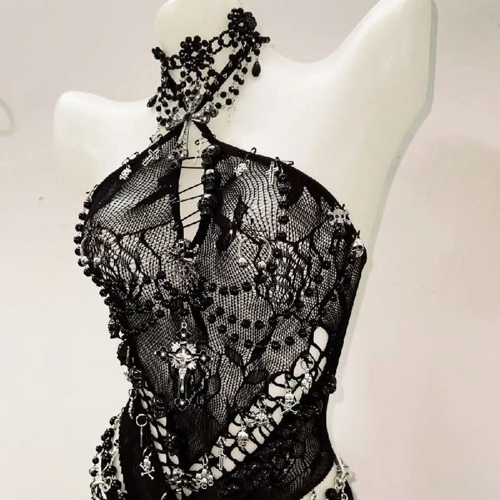 Halter hollow out beaded zip-up cut out top  | Festival Outfits Women