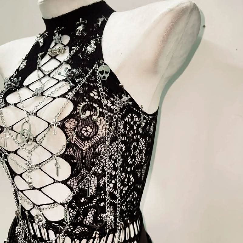 Hollow out metal chain crewneck lace cut out top  | Festival Outfits Women