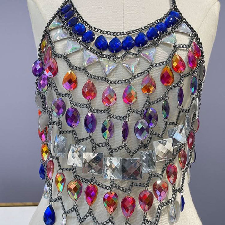 Halter crystal hollow out metal chain cut out top  | Festival Outfits Women