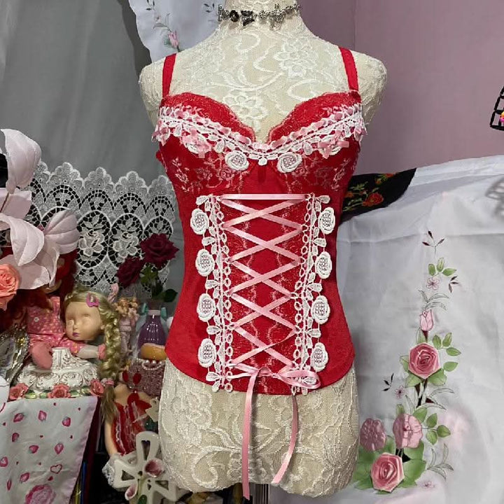 Ruffle v neck flower applique bowknot lace up top  | Festival Outfits Women