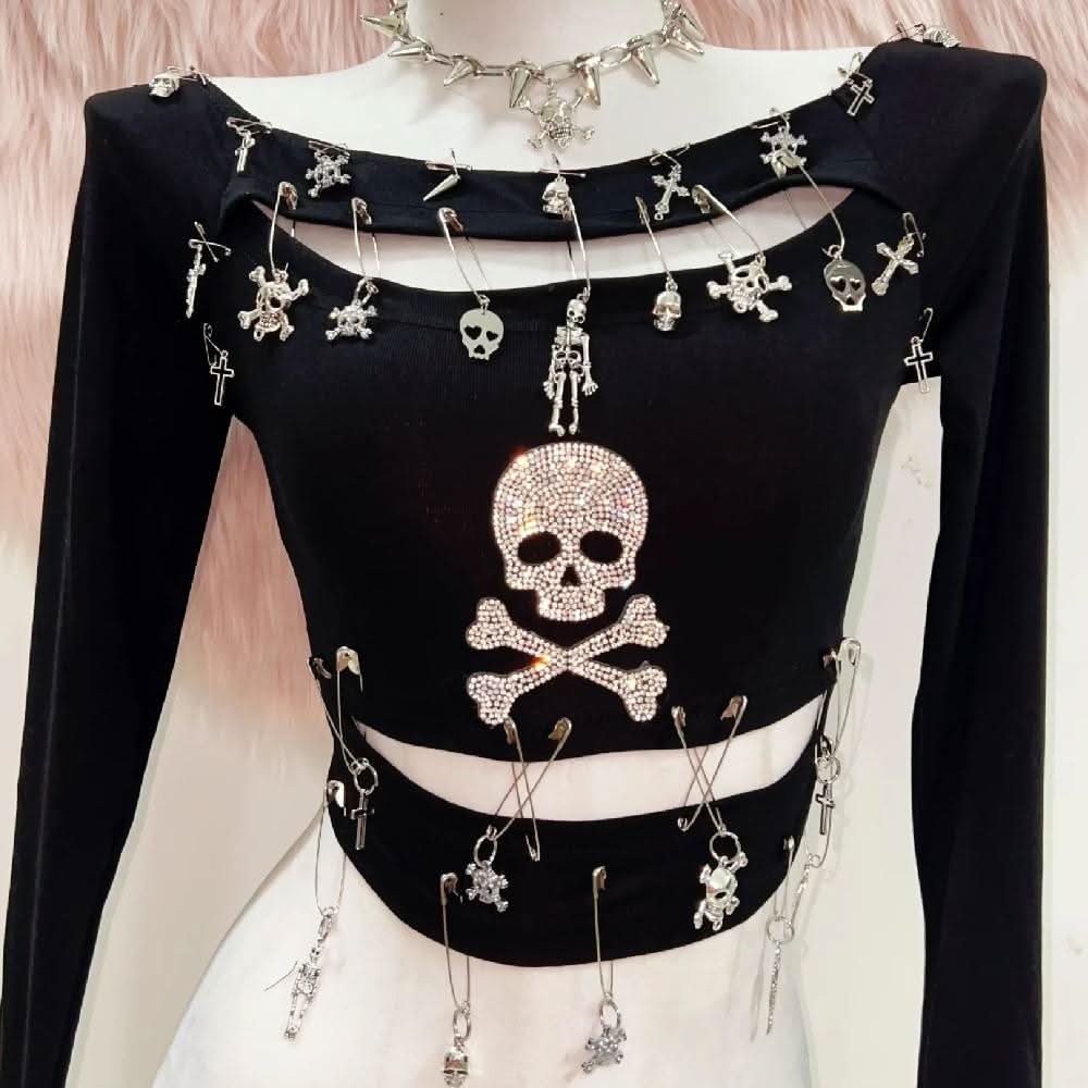 Long sleeve hollow out skull beaded cut out top  | Festival Outfits Women