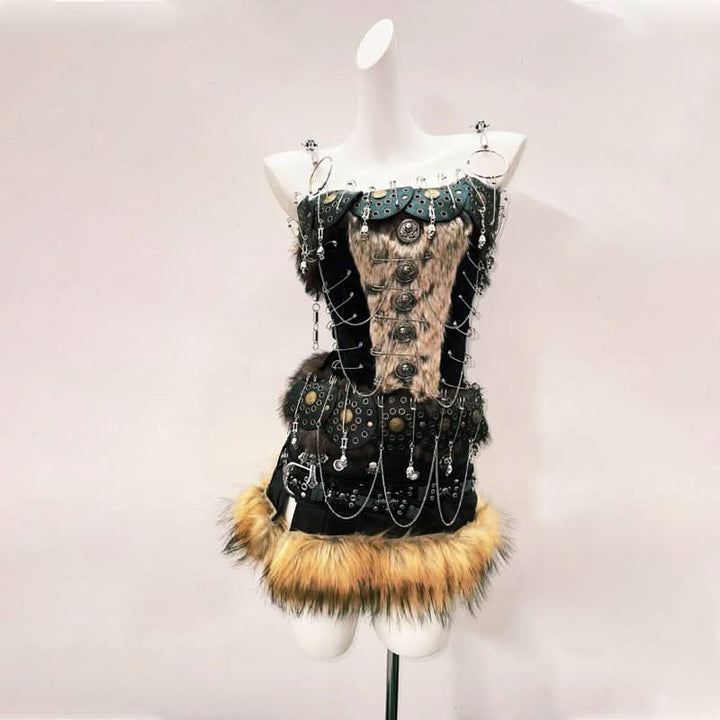 Fluffy metal chain buckle o ring cami mini skirt set  | Festival Outfits Women