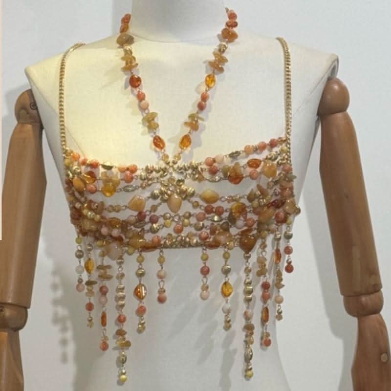 Metal chain hollow out halter beaded cami cut out top  | Festival Outfits Women