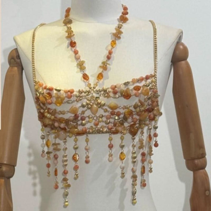 Metal chain hollow out halter beaded cami cut out top  | Festival Outfits Women