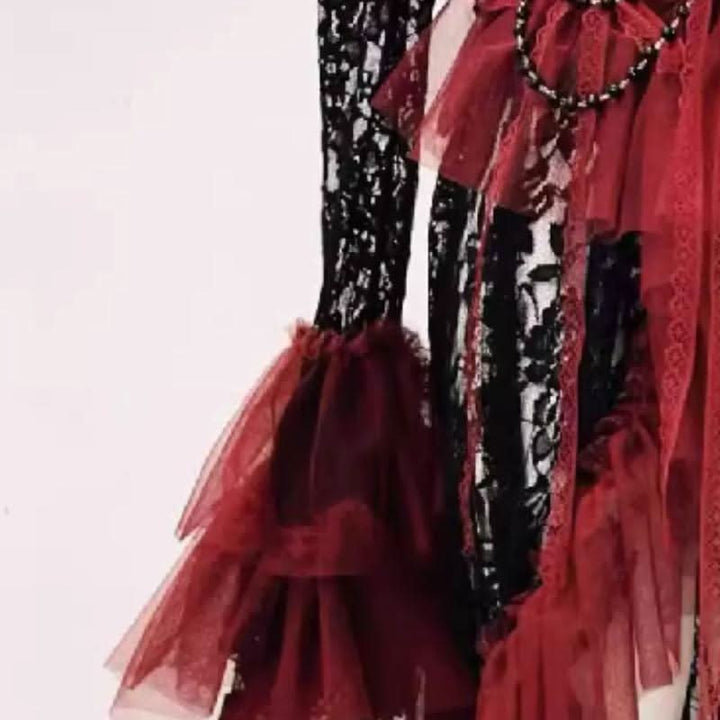 Long flared sleeve lace flower applique ruffle midi dress  | Festival Outfits Women
