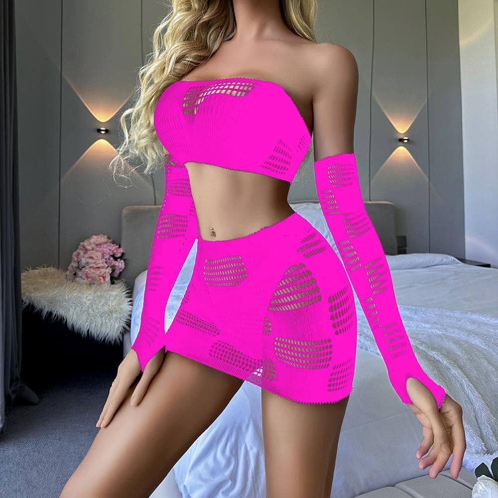 Gloves fishnet patchwork tube mini skirt set  | Festival Outfits Women