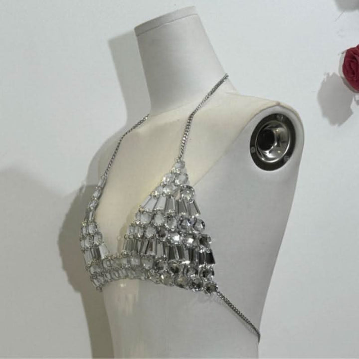 Halter metal chain beaded v neck top  | Festival Outfits Women