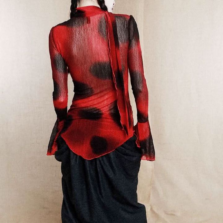 Long flared sleeve ruffle deep V neck mesh print top  | Festival Outfits Women