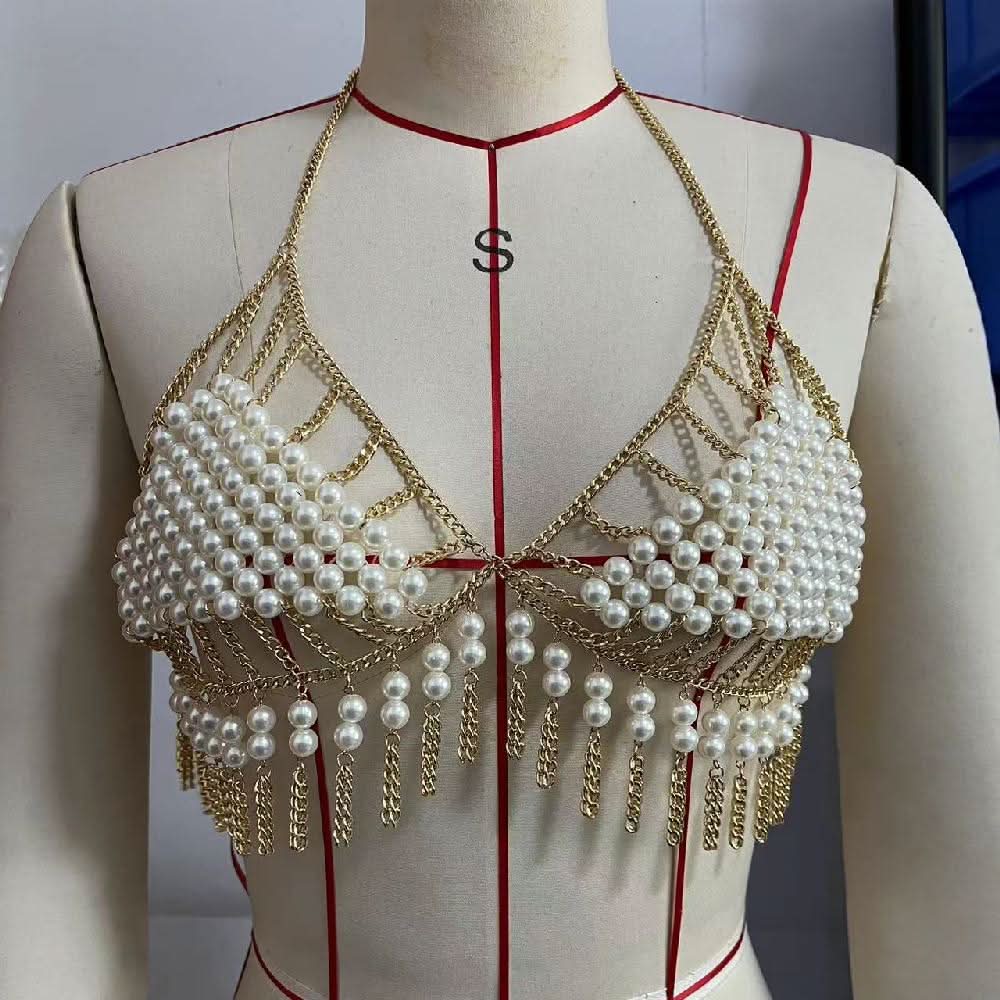 Halter tassels beaded metal chain hollow out cut out top  | Festival Outfits Women