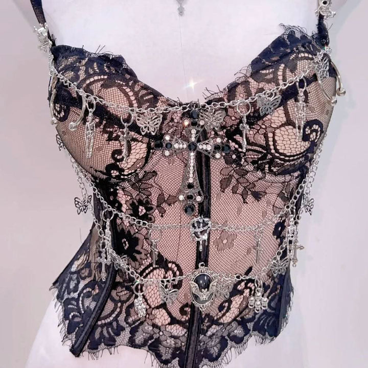 Sweetheart neck lace hem metal chain cami top  | Festival Outfits Women