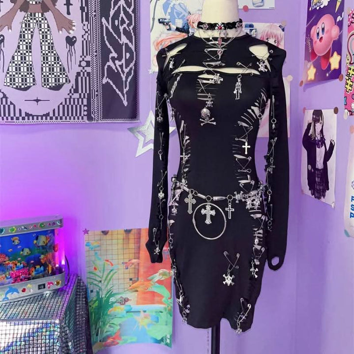 Long sleeve hollow out o ring skull applique cut out mini dress  | Festival Outfits Women
