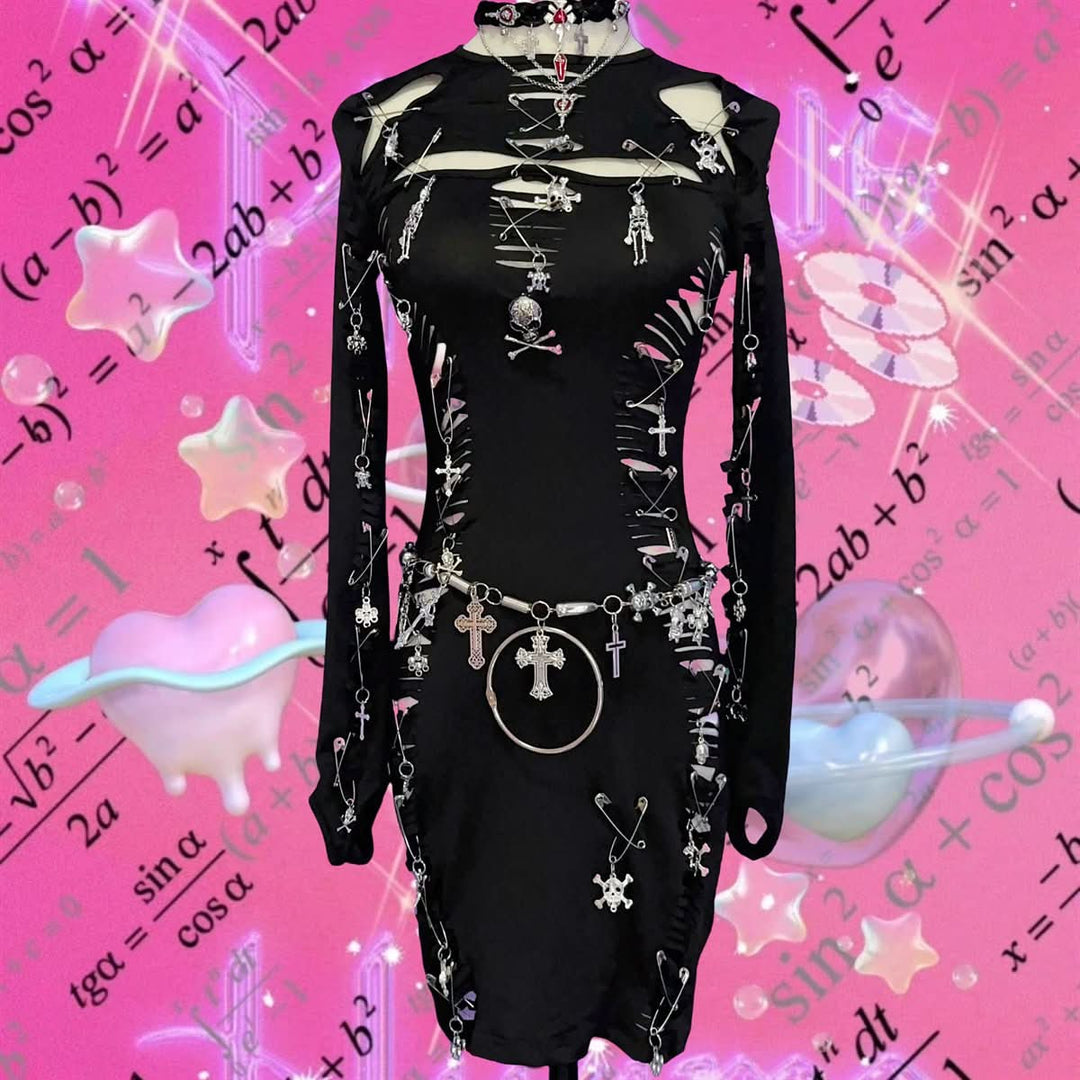 Long sleeve hollow out o ring skull applique cut out mini dress  | Festival Outfits Women