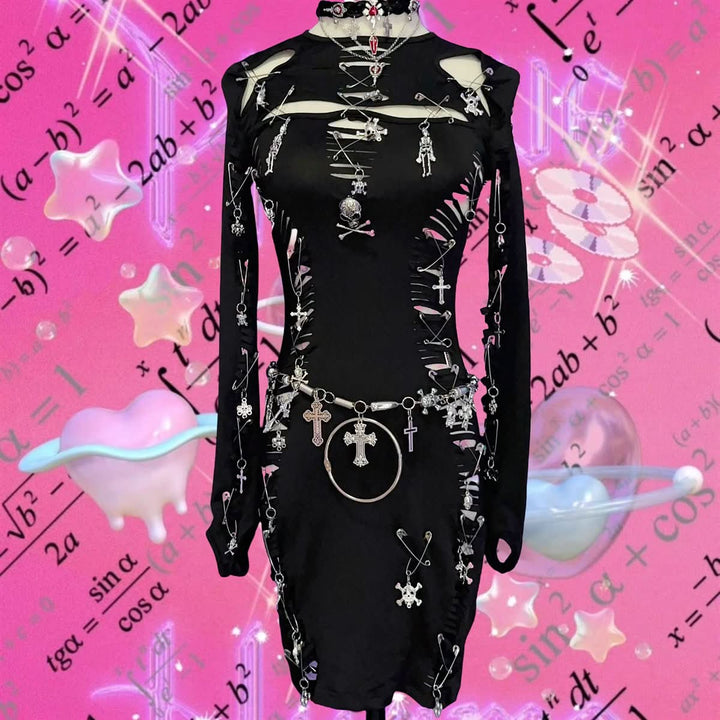 Long sleeve hollow out o ring skull applique cut out mini dress  | Festival Outfits Women